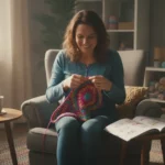 En glad person sitter ner och lär sig att virka.